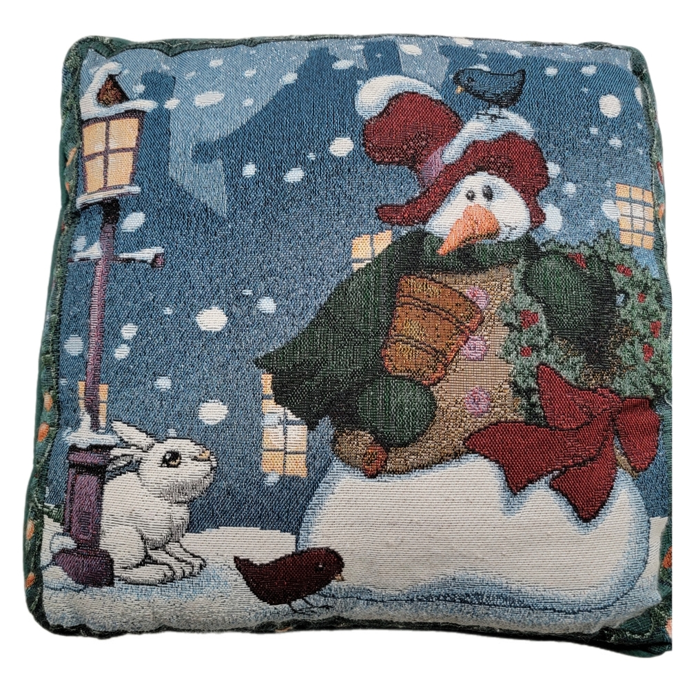 Snowman & Bunny Pillow Mohawk Tapestry Made in the USA 15x15 Christmas